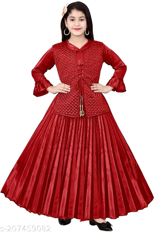 Silk three-quarter sleeve printed net ethnic gown for girls (India), size 7-8 (28in bust, 36in length), Indian festive wear on display