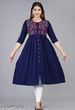 Blue rayon embroidered Anarkali Kurti, three-quarter sleeves, multiple sizes available