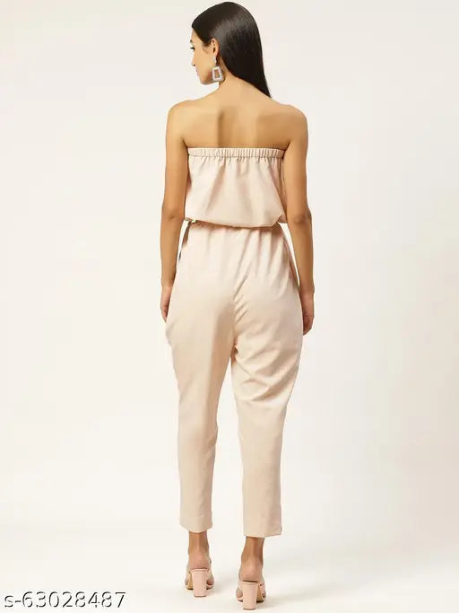 Peach polyester solid western wear jumpsuit with fabric belt for women, off-shoulder neckline and ankle length (50 inches)
