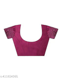The saree is in satin material and pink color, accompanied by a matching blouse piece