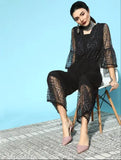 Black Zari Printed Net Fabric V-Neck Jumpsuit with Three-Quarter Sleeves, embellished net jumpsuit from HN Trends, ankle length and machine washable, made in India
