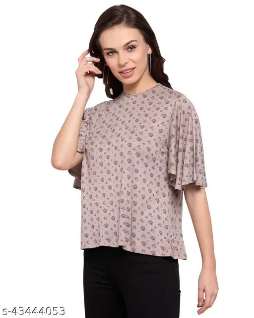 Beige cotton blend floral printed top with high neck and flared sleeves, great for casual wear