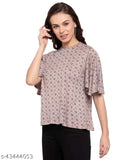 Beige cotton blend floral printed top with high neck and flared sleeves, great for casual wear