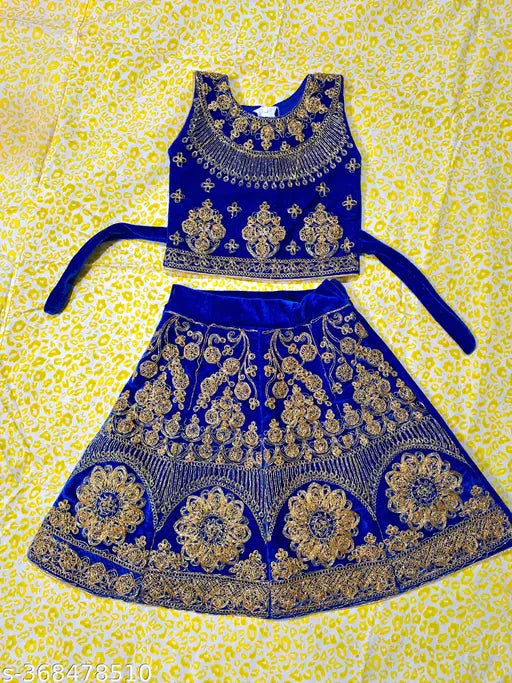 Velvet embroidered Lehenga Choli set for kids, sleeveless and stitched net design in pink, suitable for 9-12 months to 2-3 years old, handcrafted from India