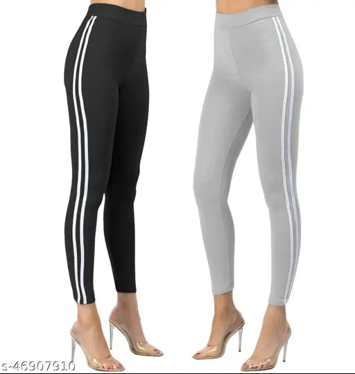 Women's sports fitness cotton ribbed 4-way stretched tight jeggings combo pack of 2 - Ankle length, free size (Comfort 26-34 inches waist)