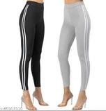 Women's sports fitness cotton ribbed 4-way stretched tight jeggings combo pack of 2 - Ankle length, free size (Comfort 26-34 inches waist)