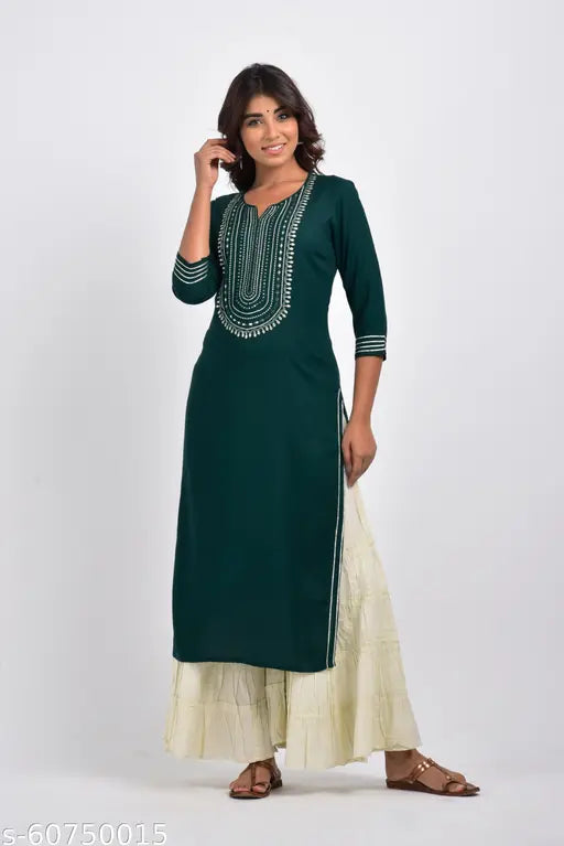 Green plus size embroidered rayon straight kurta, three-quarter sleeves, Swasti brand