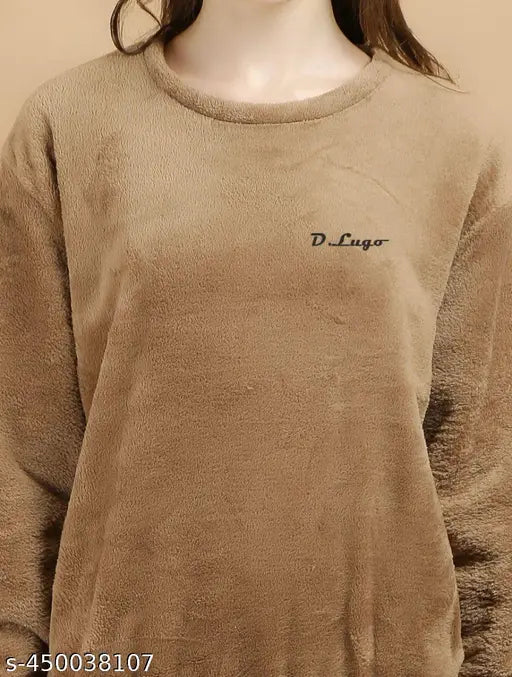 Women's brown solid woolen long-sleeve night suit, cozy winter wear for sizes S-XL originating from India