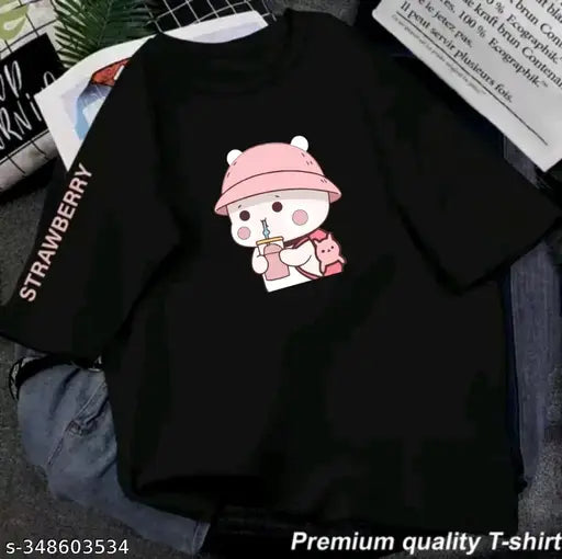 Premium quality long-sleeved women's t-shirt with a cartoon bear print, oversized fit, printed on premium T-shirt material