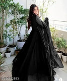 Black georgette anarkali kurti with dupatta, long sleeves and midi length, ideal for parties and festivals