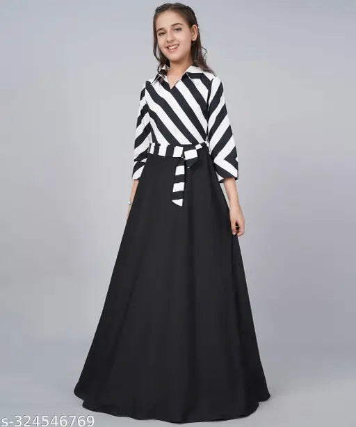 Striped crepe long maxi dress with rose print, round neck and belt, party wear for girls 14-15 years old, Aarya Designer collection