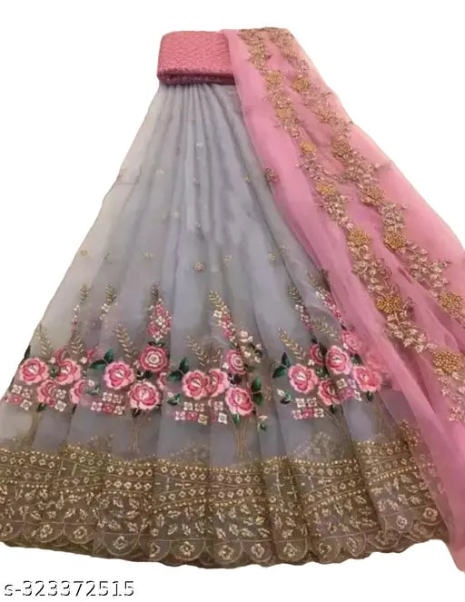 Embroidered dupion silk lehenga set with net dupatta, free size, Indian origin