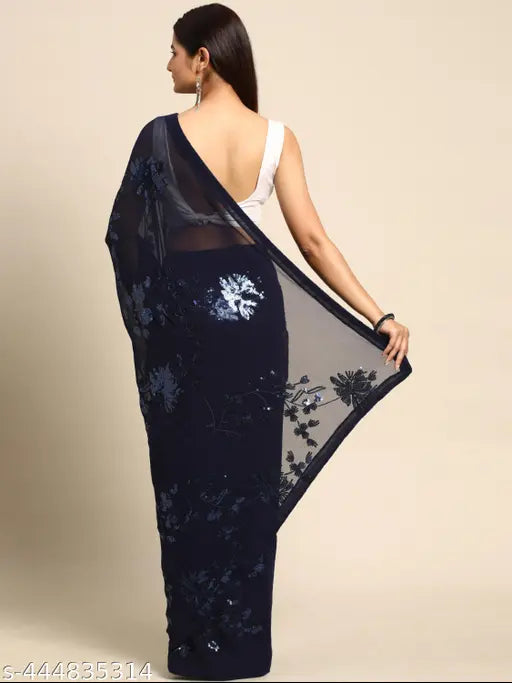 Women's blue sari with floral design and sequins, floor length