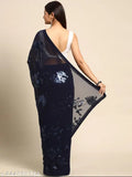 Women's blue sari with floral design and sequins, floor length
