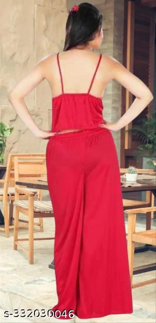 Satin nightsuit set, free size, Indian-made women's plazo 3pis with spaghetti top and pyjama bottom, sleeveless and solid pattern