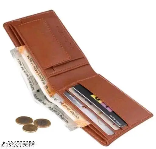 Tan PU wallet for men, unique design with 5 card slots, solid net pattern, and additional photo & card sleeves