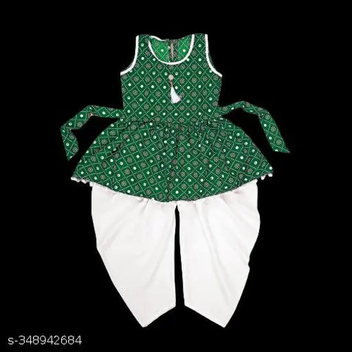 Green crepe anarkali dhoti kurta set for girl, festive collection printed without dupatta, size range from 12-18 months to 7-8 years, origin India
