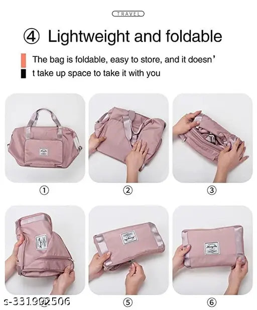 Waterproof foldable travel duffle bag, large capacity, lightweight. Suitable for both fashion and practical use in carrying personal items during travel. Comes with a carry strap for easy transport