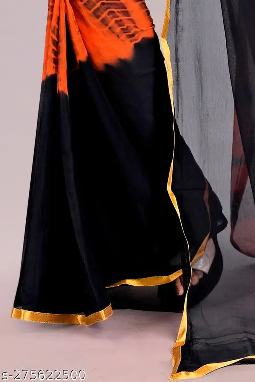 Orange chiffon printed Leheriya sarees blouse piece, Indian fashion wear for parties and festivals