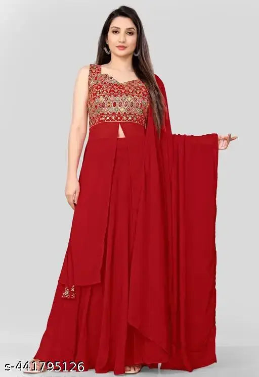 Red chiffon embroidered kurta and palazzo set with sequined borders