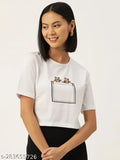 Printed pure cotton women's t-shirt, short sleeves, white background with graphic design