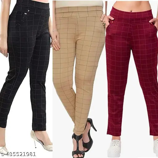 Black, brown, maroon checkered net Lycra jeggings combo (3 pack) for women's/girls, advanced quality with double pockets