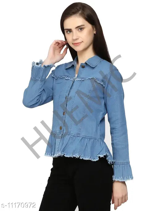 Solid denim Trandy jacket, long sleeves for men's casual wear, made in India (Size S: 36in bust, 20in length, 32in waist, 14in shoulder; Size M: 38in bust, 20in length, 34in waist, 15in shoulder; Size L: 40in bust, 20in length, 36in waist, 16in shoulder; Size XL not specified)