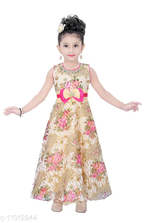 Floral print girls dress with ribbon waist tie, short sleeves