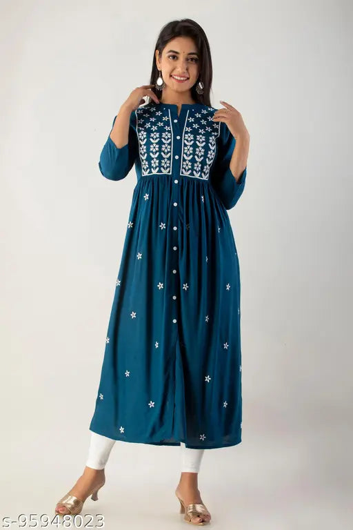Long, blue rayon kurta with full embroidery, anarkali style for party or daily wear