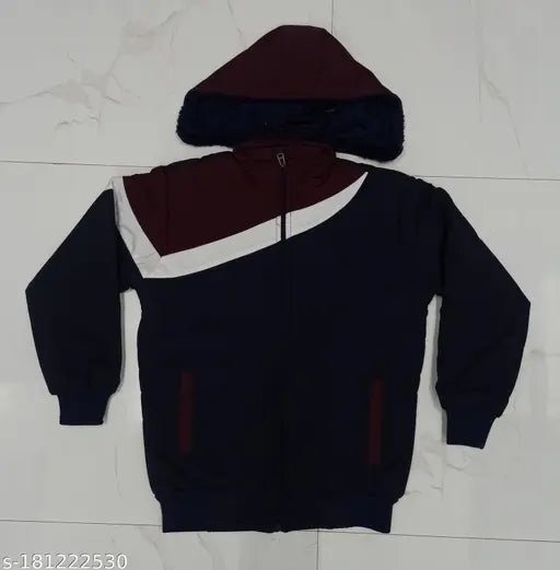 Navy blue and white TPU padded winter jacket, hoodie with drawstring, zipper closure