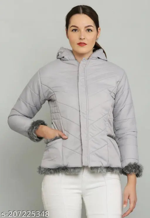 Silver PU quilted fur jacket by M A FASHION, solid pattern with long sleeves