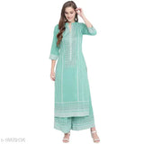 Olive Green White Block Print Rayon Kurta with Palazzo - vibrant, printed women's fashion for Indian events