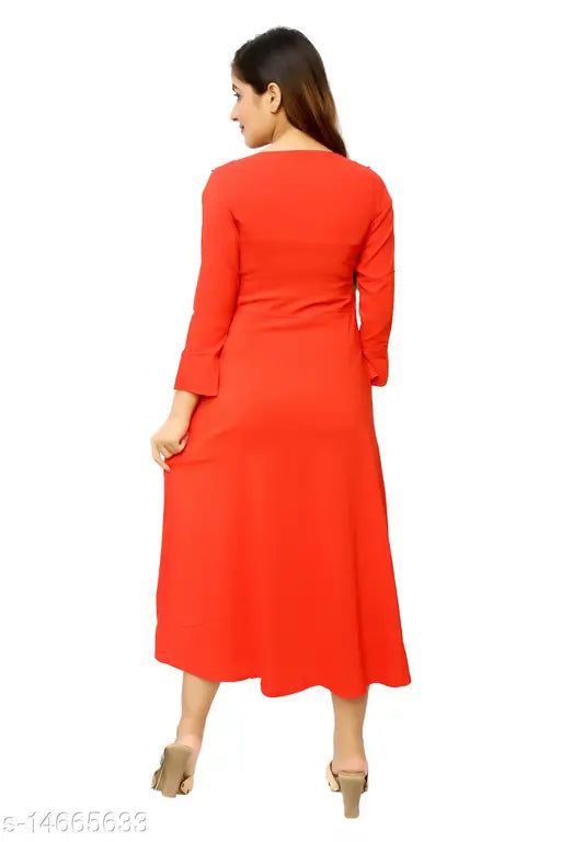 Mid-length red dress with V-neck and short sleeves