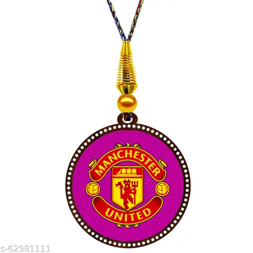 Manchester United car hanging/wall hanging, prelaminated glossy wooden finish showpiece for positive vibes. Made in India