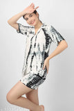 Women's black tie-dye viscose rayon top & shorts night suit set - Indian-made, stylish casual clothing with half sleeves and pockets, great for nightwear
