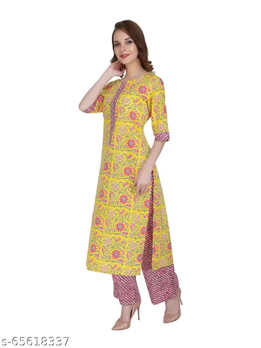 Yellow printed UBUNTU FASHION Kurta Palazzo Set, 100% organic cotton, three-quarter sleeves, butterfly embroidery