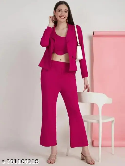 Women's Lycra jacket, crop top, and trouser coords set - solid color, perfect for casual wear and layering, modern fashion by Selvia brand, India-made