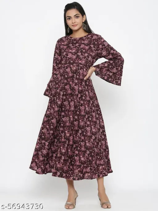 Solid cotton Anarkali kurta dress in attractive print pattern for women and girls, three-quarter sleeves from Doriyaan