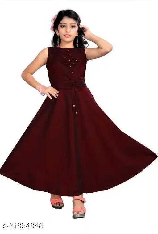 Maroon poly silk sleeveless ethnic gown for girls, solid color, Indian origin, size options available