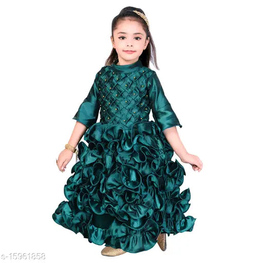 Green silk blend embroidered long gown dress for girls, festive party wear by Hariyal Creation. Short sleeves, sizes from 2-3 years to 8-9 years available