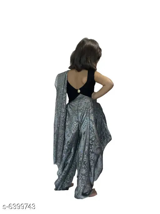 Black velvet crop top and Grey Dhoti Lehenga, fully stitched silk blend for baby girls, embellished net design