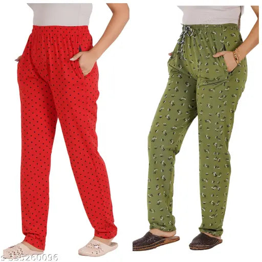 Red, cotton lower track women's pyjamas with pockets and zip combo pack of 2