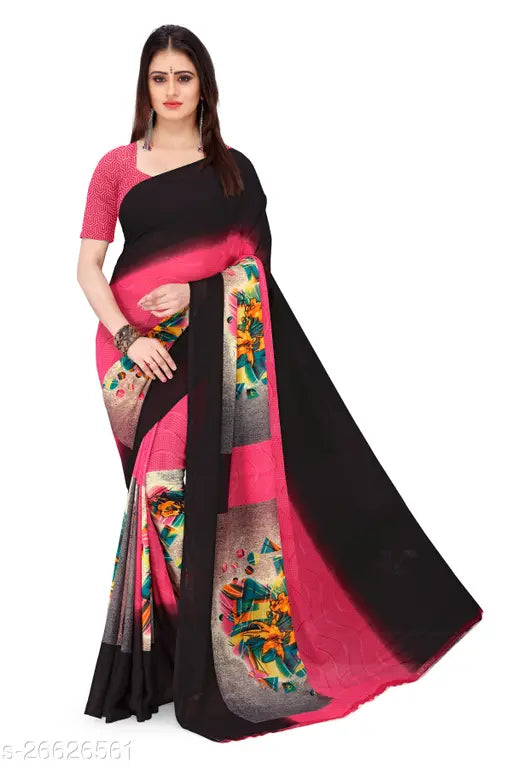 Georgette saree with matching blouse, pink and black floral print