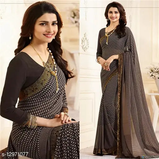Georgette saree with intricate embroidery, full length, fitted pallu