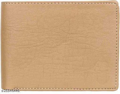 Faux leather beige men's bifold wallet, compact design with ID window, coin pocket, and multiple card slots. High-quality stitching adds durability to this trendy and portable accessory, perfect for everyday use. Made in India