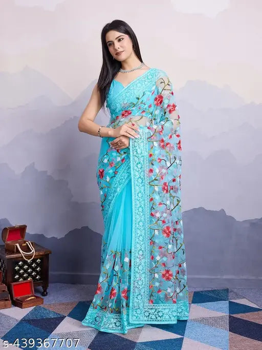 Embroidered Bangalori silk single net sari with running blouse, Indian traditional attire on mannequin