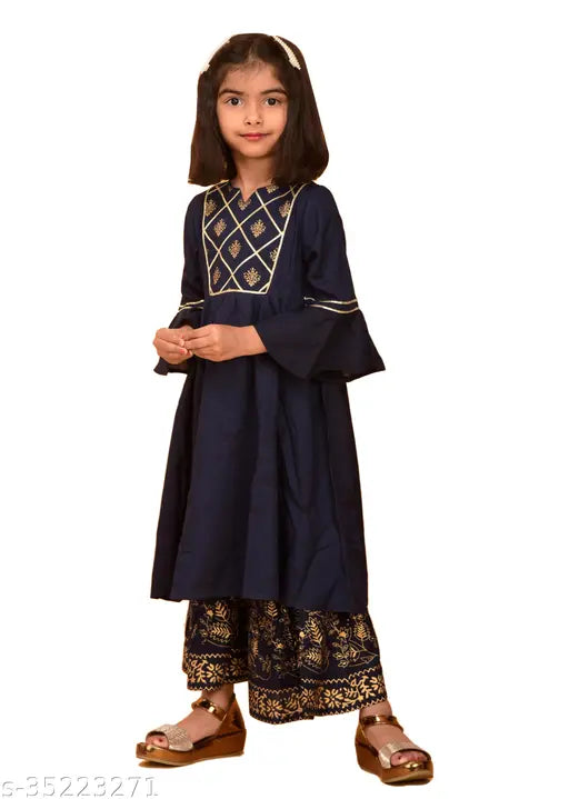 Rayon blue printed kurti palazzo set for kids, A-line top with three-quarter sleeves and calf length, made in India