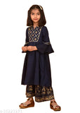 Rayon blue printed kurti palazzo set for kids, A-line top with three-quarter sleeves and calf length, made in India