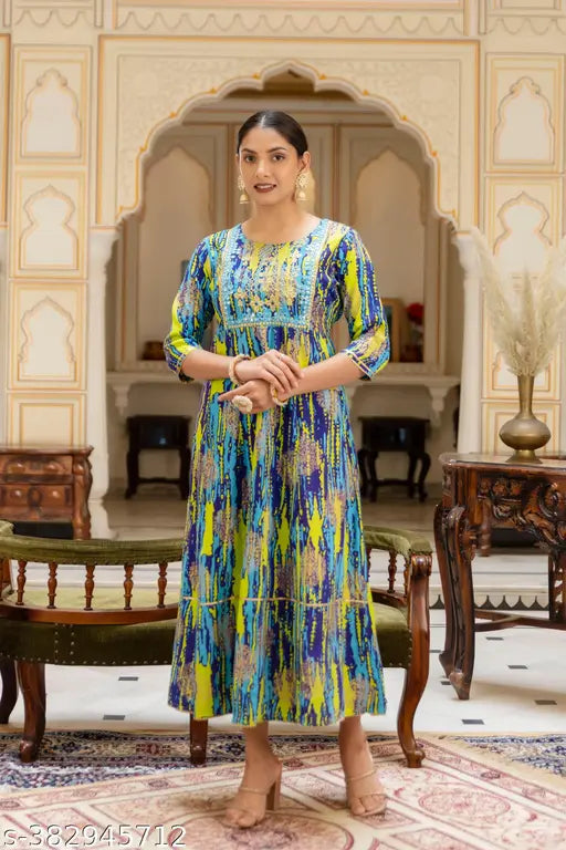 Trendy viscose rayon anarkali kurti with three-quarter sleeves, printed combo. Size L (Bust 40 in), XL (Bust 42 in), XXL (Bust 44 in), XXXL (Bust 46 in). Women's ethnic wear for summer or festive occasions