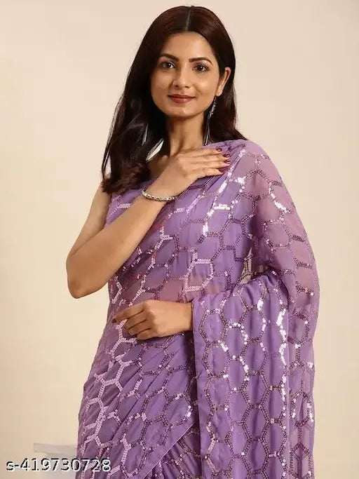 Purple georgette sequined saree with lace border